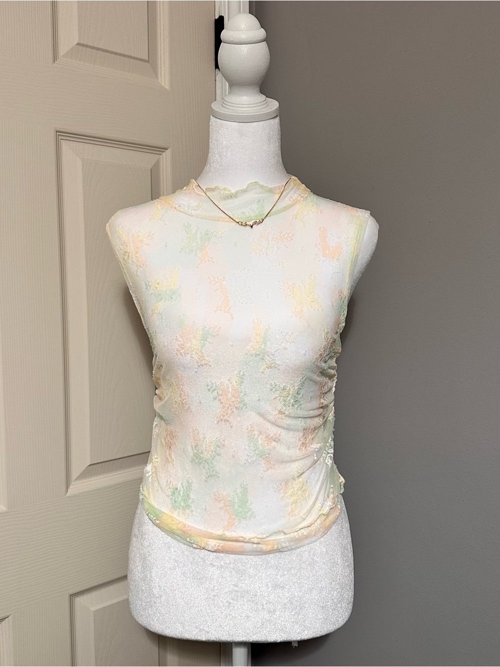 Free People Sheer White Tank Top with Pastel Tie-Dye Accents